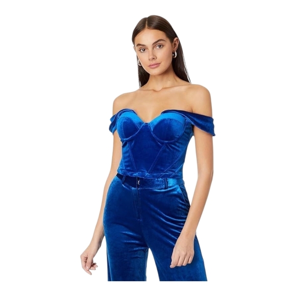Revolve Line & Dot Du Jour Velvet Corset Top Royal Blue Off Shoulder Bustier XS - Picture 1 of 11